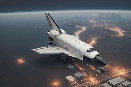 analog gloomy aerial photo of a (NASA Space Shuttle, <lora:shuttl3:0.8>), ((nighttime)), flying over abandoned alien city ruins, High Detail, Sharp focus, (photorealism), realistic, best quality, 8k, award winning, dramatic lighting, epic, cinematic, masterpiece, rim light, action movie, war,