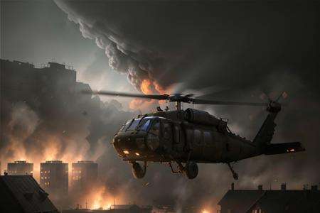 analog gloomy aerial photo of a (Black Hawk helicopter, <lora:bl4ckh4wk:1>), ((nighttime)), (flying through city ruins (on fire)), (explosions on the ground), tracer rounds, tracer gunfire, High Detail, Sharp focus, (photorealism), realistic, best quality, 8k, award winning, dramatic lighting, epic, cinematic, masterpiece, rim light, (action movie), war,  depth of field, dutch angle,