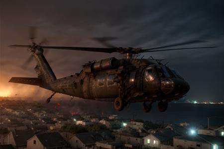 analog gloomy aerial photo of a (Black Hawk helicopter, <lora:bl4ckh4wk:1>), ((nighttime)), (flying over Mogadishu (on fire) at night), (explosions on the ground), barricades, tracer gunfire, tracer gunfire, High Detail, Sharp focus, (photorealism), realistic, best quality, 8k, award winning, dramatic lighting, epic, cinematic, masterpiece, rim light, (action movie), war,  depth of field, dutch angle,