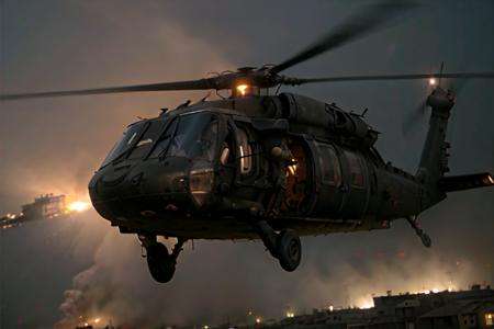 analog gloomy aerial photo of a (Black Hawk helicopter, <lora:bl4ckh4wk:1>), ((nighttime)), (flying over Mogadishu (on fire) at night), (explosions on the ground), barricades, tracer gunfire, tracer gunfire, High Detail, Sharp focus, (photorealism), realistic, best quality, 8k, award winning, dramatic lighting, epic, cinematic, masterpiece, rim light, (action movie), war,  depth of field, dutch angle,