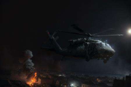 analog gloomy aerial photo of a (Black Hawk helicopter, <lora:bl4ckh4wk:1>), ((nighttime)), (flying over Mogadishu (on fire) at night), (explosions on the ground), barricades, tracer gunfire, tracer gunfire, High Detail, Sharp focus, (photorealism), realistic, best quality, 8k, award winning, dramatic lighting, epic, cinematic, masterpiece, rim light, (action movie), war,  depth of field, dutch angle,