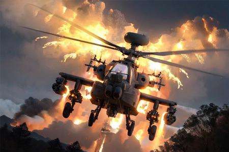 analog gloomy aerial photo of an (Apache helicopter, <lora:ap4ch3:1>), ((nighttime)), (flying over Vietnam jungle (on fire) at night), (explosions on the ground), barricades, (tracer gunfire), High Detail, Sharp focus, (photorealism), realistic, best quality, 8k, award winning, dramatic lighting, epic, cinematic, masterpiece, rim light, (action movie), war,  depth of field, dutch angle, 