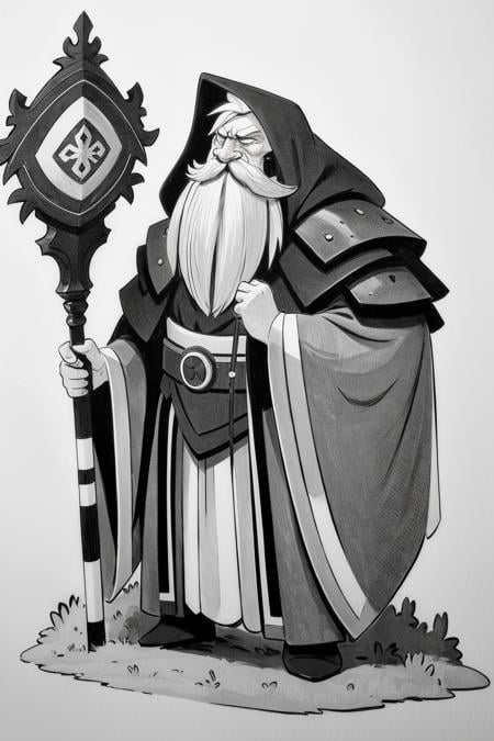 (masterpiece:1.5), (best quality:1.5),inksketch,1boy, male focus, facial hair, holding, beard, hood, staff, old, gradient background, wizard, gradient, old man, solo, gem, white hair, hood up, mustache, long sleeves, holding staff, armor, belt, black background, shoulder armor, closed mouth, grey background, robe, simple background, wrinkled skin, long hair, pouch, standing