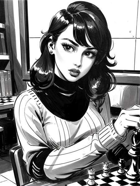 inksketch,(masterpiece, top quality, best quality, 1girl, solo, realistic, hair, looking sideways, sweater, lips, upper body, long sleeves, indoor, black sweater, turtleneck, shut up, chess on table