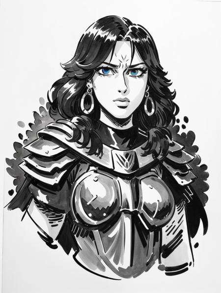 (masterpiece:1.5), (best quality:1.5),ink sketch, 1girl, solo, long hair, jewelry, blue cape, earrings, cape, brown hair, blue background, blue eyes, shoulder armor, armor, breasts, closed mouth, torn cape, upper body, torn clothes, looking to the side, pauldrons, medium breasts