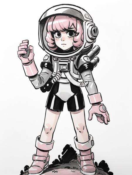 (masterpiece:1.5), (best quality:1.5),ink sketch, 1girl, solo, gloves, spacesuit, full body, pink hair, astronaut, helmet, standing, closed mouth, blush, pink gloves, space helmet, short hair, gradient, boots, gradient background, simple background, thick eyebrows, swept bangs