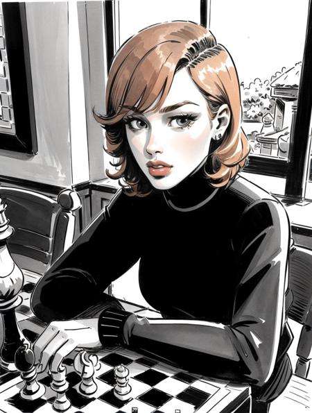 inksketch,(masterpiece, top quality, best quality, ATLJ, 1girl, solo, realistic, orange hair, looking sideways, sweater, lips, upper body, long sleeves, indoor, black sweater, turtleneck, shut up, chess on table