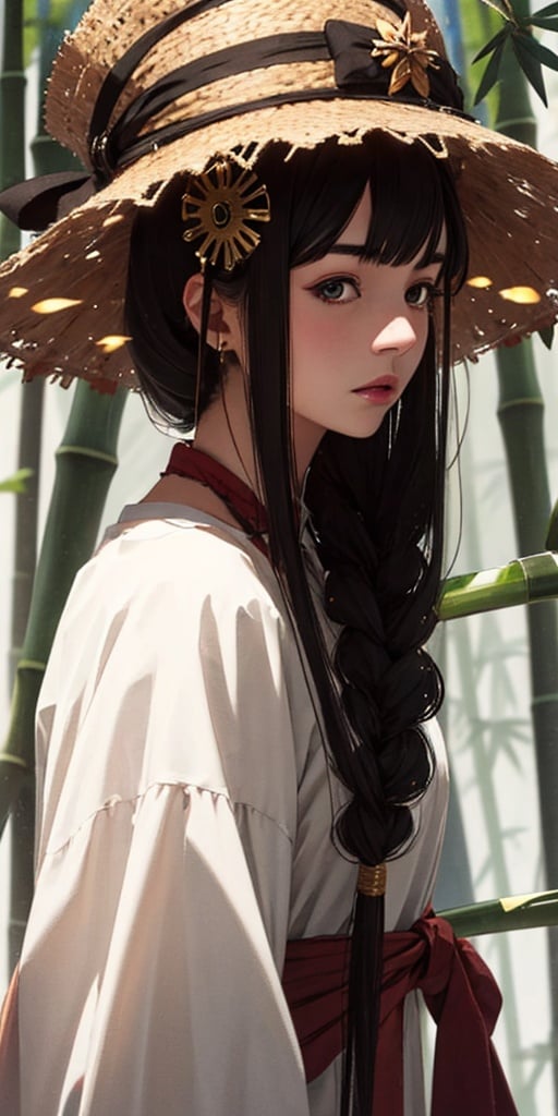 1 girl, black hair, light particles, solo, masterpiece, best quality, high quality, highly detailed, long hair, tied hair, looking at viewer, bamboo hat(optional, there's also googles)