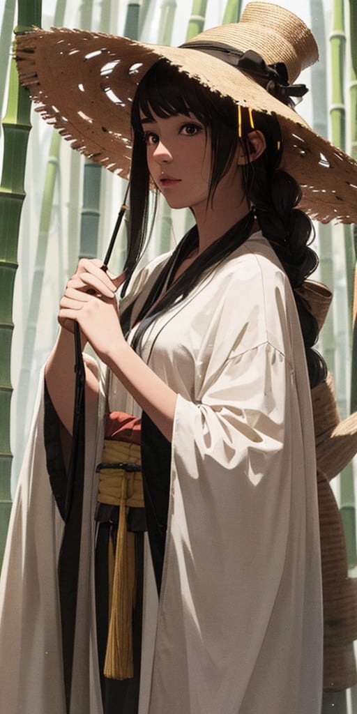 1 girl, black hair, light particles, solo, masterpiece, best quality, high quality, highly detailed, long hair, tied hair, looking at viewer, bamboo hat(optional, there's also googles)