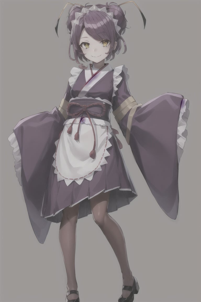 overlordentoma, 1girl, solo, looking at viewer, smile, short hair, simple background, long sleeves, standing, full body, yellow eyes, purple hair, pantyhose, frills, japanese clothes, shoes, wide sleeves, kimono, hair bun, black footwear, apron, sleeves past wrists, maid, maid headdress, fangs, standing on one leg, monster girl, colored sclera, antennae, arthropod girl, purple pantyhose