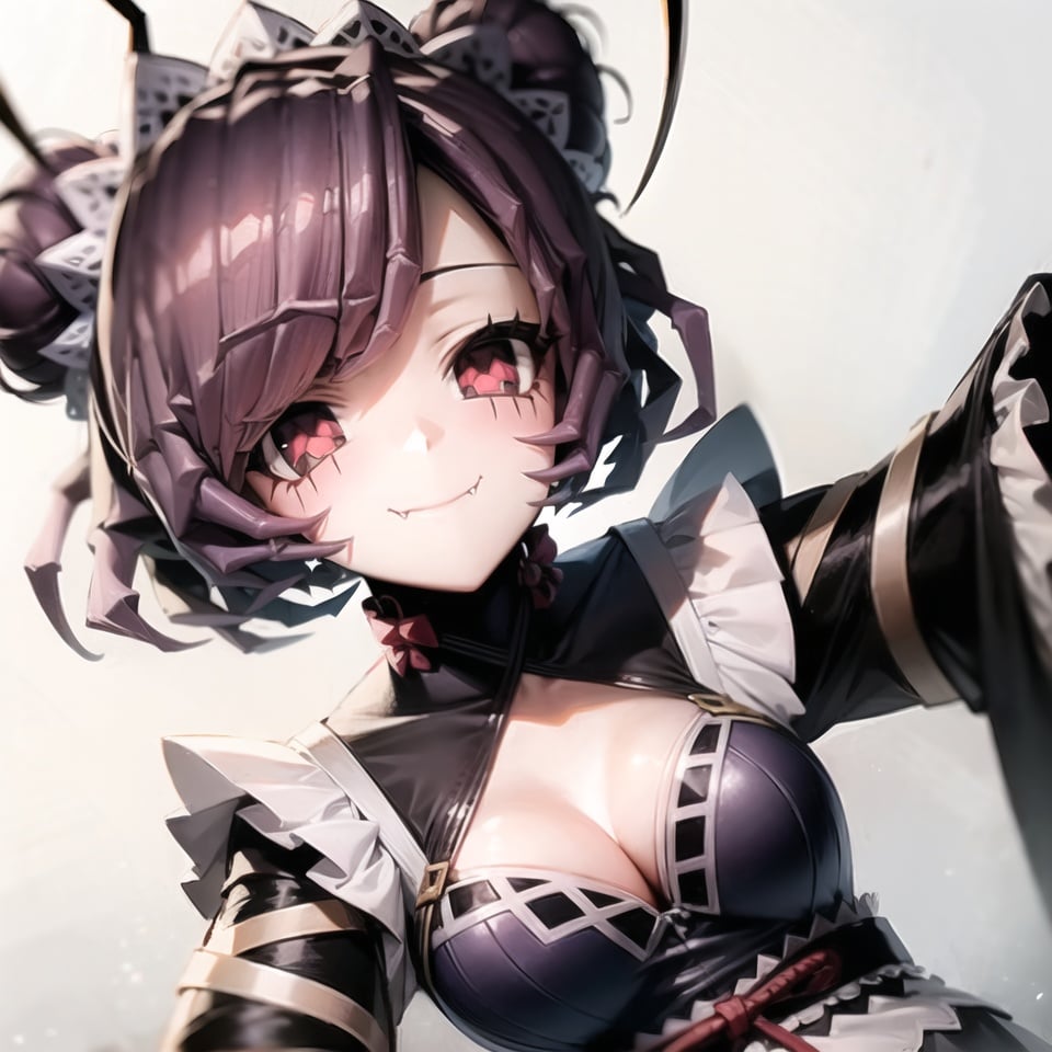 overlordentoma, 1girl, solo, looking at viewer, smile, short hair, simple background, red eyes, purple hair, frills, hair bun, black , apron, sleeves past wrists, maid, maid headdress, fangs, monster girl, colored sclera, antennae, arthropod girl, purple pantyhose, portrait, close-up, eye_focus