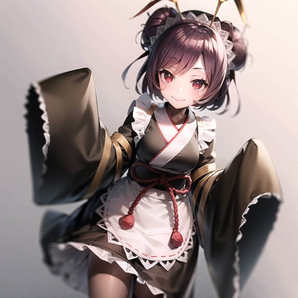 overlordentoma, 1girl, solo, looking at viewer, smile, short hair, simple background, long sleeves, red eyes, purple hair, pantyhose, frills, japanese clothes, shoes, wide sleeves, kimono, hair bun, black footwear, apron, sleeves past wrists, maid, maid headdress, fangs, standing on one leg, monster girl, colored sclera, antennae, arthropod girl, purple pantyhose, portrait, close_up