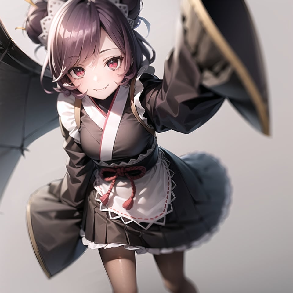 overlordentoma, 1girl, solo, looking at viewer, smile, short hair, simple background, long sleeves, red eyes, purple hair, pantyhose, frills, japanese clothes, shoes, wide sleeves, kimono, hair bun, black footwear, apron, sleeves past wrists, maid, maid headdress, fangs, standing on one leg, monster girl, colored sclera, antennae, arthropod girl, purple pantyhose, portrait, close-up, upper_body