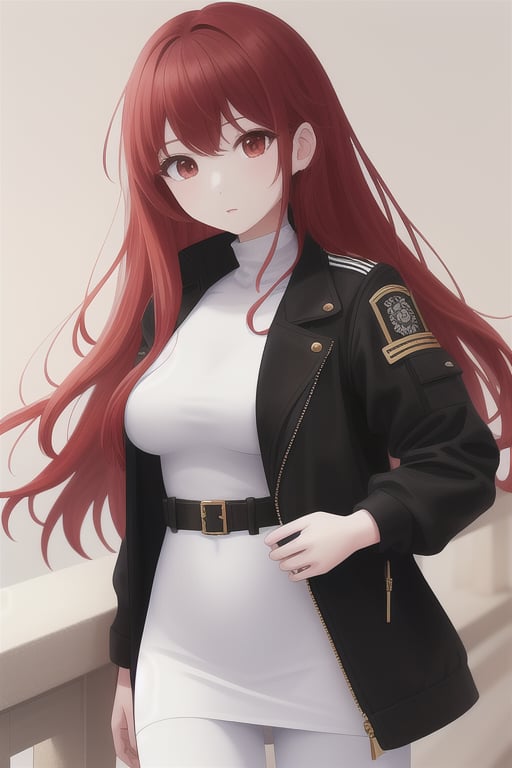 long red haired girl, white clothes shaped like bandages , black jacket, golden accesories, 