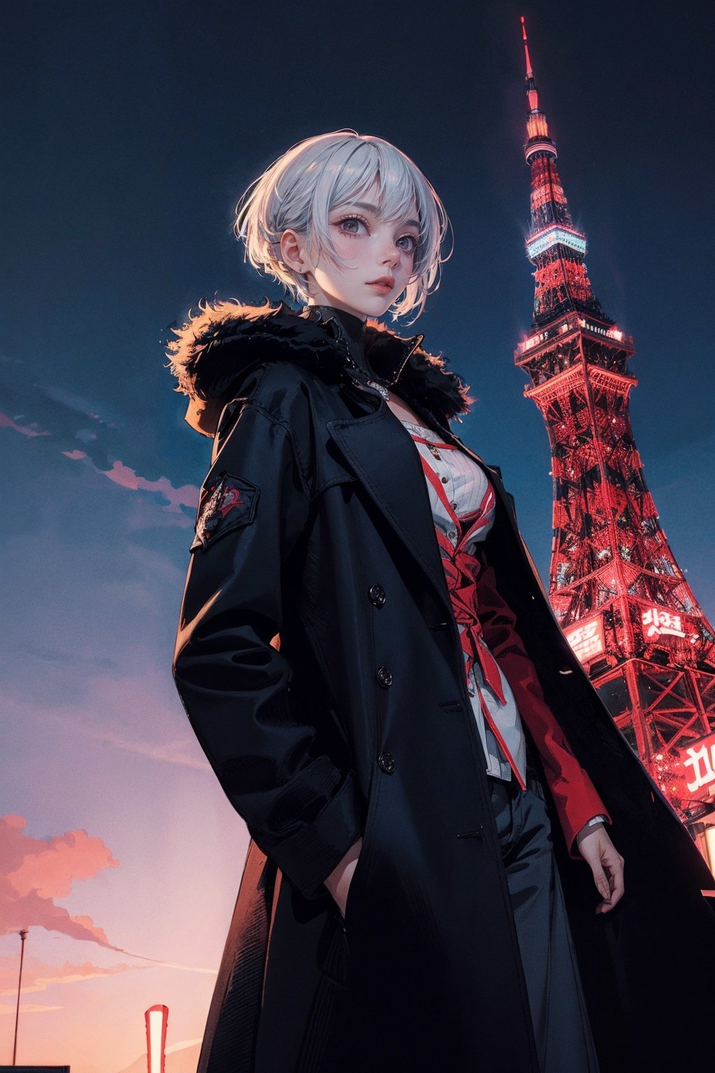 1 beautiful woman, long coat tokyo tower, (Sui Ishida, ) dramatic lighting (masterpiece, best quality),