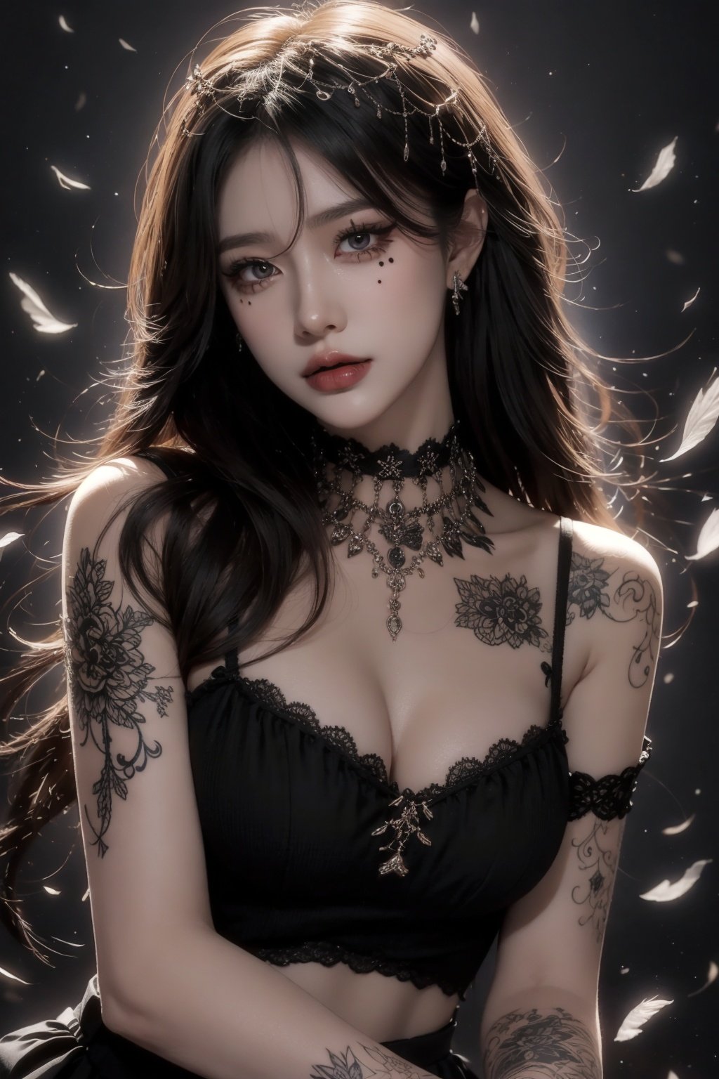 非常详细的 CG 统一 8k 壁纸）,most beautiful artwork in the world,（The background of black mandala blooming）,1girl,The upper part of the body,Devil Eyes,The eye,eyelashes,cparted lips,jewely,choker necklace,spiderwebs,dark mole_under below_eye,Tattooed with,feater_Hair_decorations,lipstick,eyeslashes,yuzu