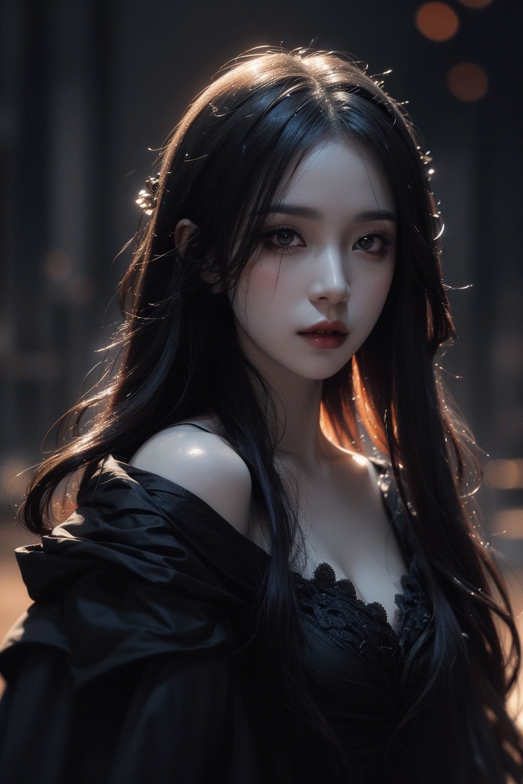 Vampire Queen, backlit, intricate details, highly detailed, slate atmosphere, cinematic, dimmed colors, dark shot, muted colors, film grain, lut, spooky, depth blur, blurry background dof, bokeh, realistic, realistic skin,1 girl,Closed lips