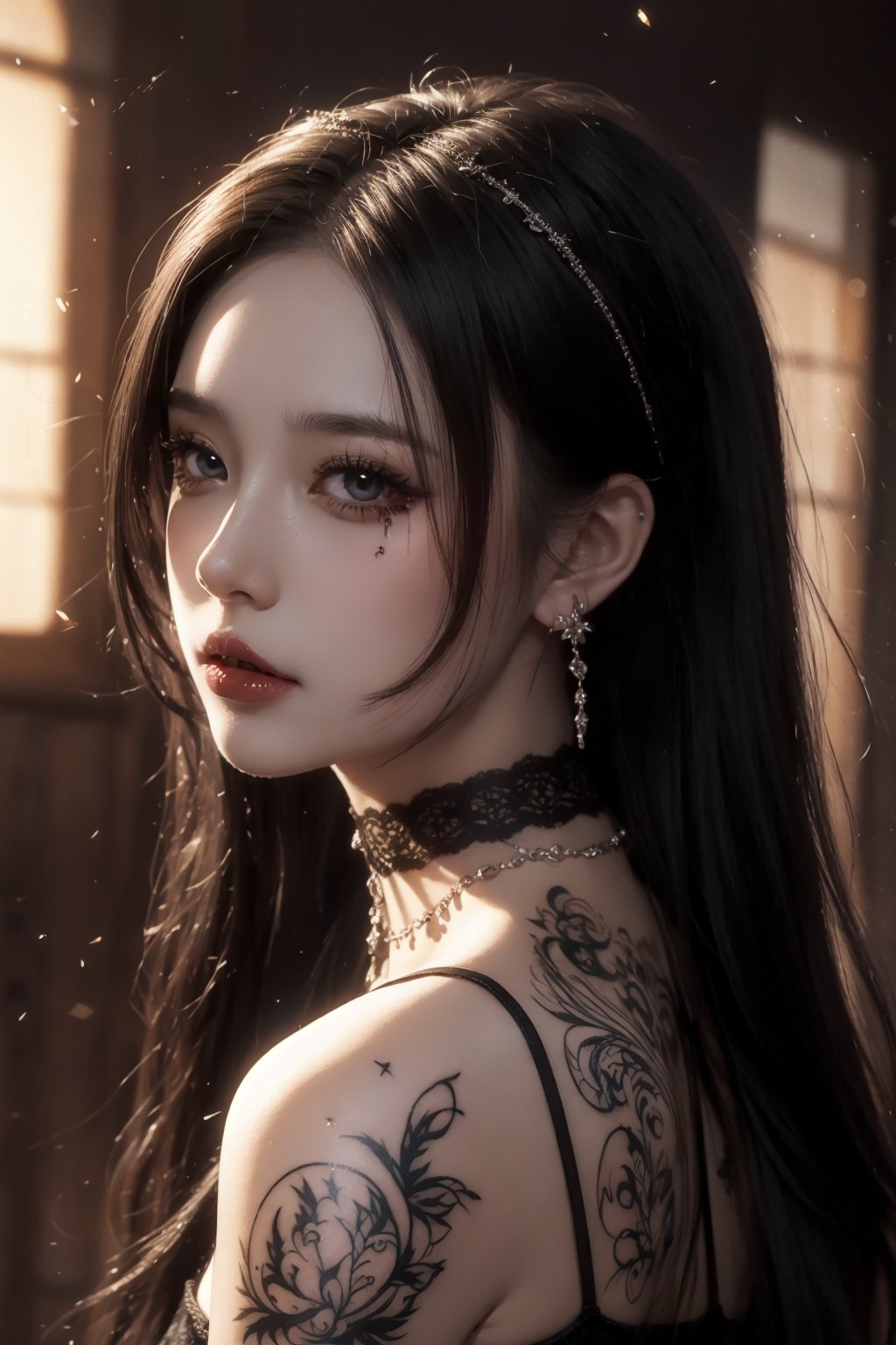 非常详细的 CG 统一 8k 壁纸）,most beautiful artwork in the world,1girll,The upper part of the body,Devil Eyes,The eye,eyelashes,cparted lips,jewely,choker necklace,spiderwebs,dark mole_under below_eye,Tattooed with,feater_Hair_decorations,lipstick,eyeslashes,yuzu