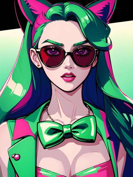 An illustration of a young woman wearing crimson sunglasses with hair on her face and with ears, in the style of film noir aesthetic, anime aesthetic, I can't believe how beautiful this is, dark pearl and mint, monochromatic minimalist portraits, pop art sensibilities, animated gifs