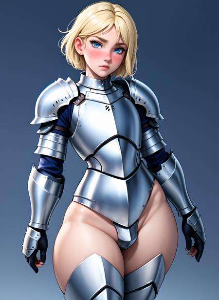 masterpiece, best quality, 1girl, femboy, (mature), solo, blush, flat chest, blue eyes, blonde hair, (bulge), short hair, knight armor, looking at viewer, curvy, wide hips, thick thighs, closeup,sketch, simple background