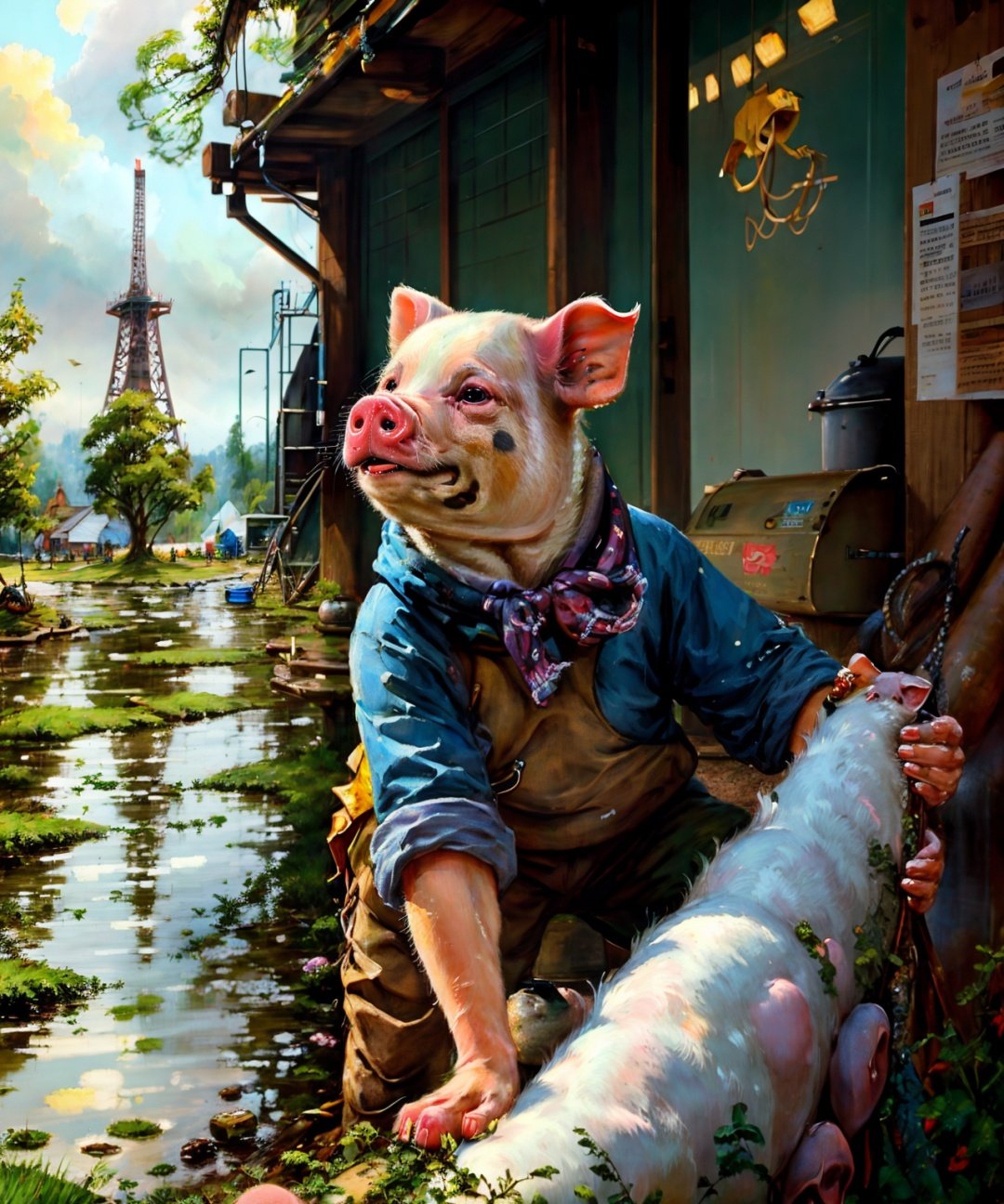 best quality, masterpiece, highres, cute pig, bright smile, day, rainy,  tower, forest,  <lora:CN60S-V2:0.85>