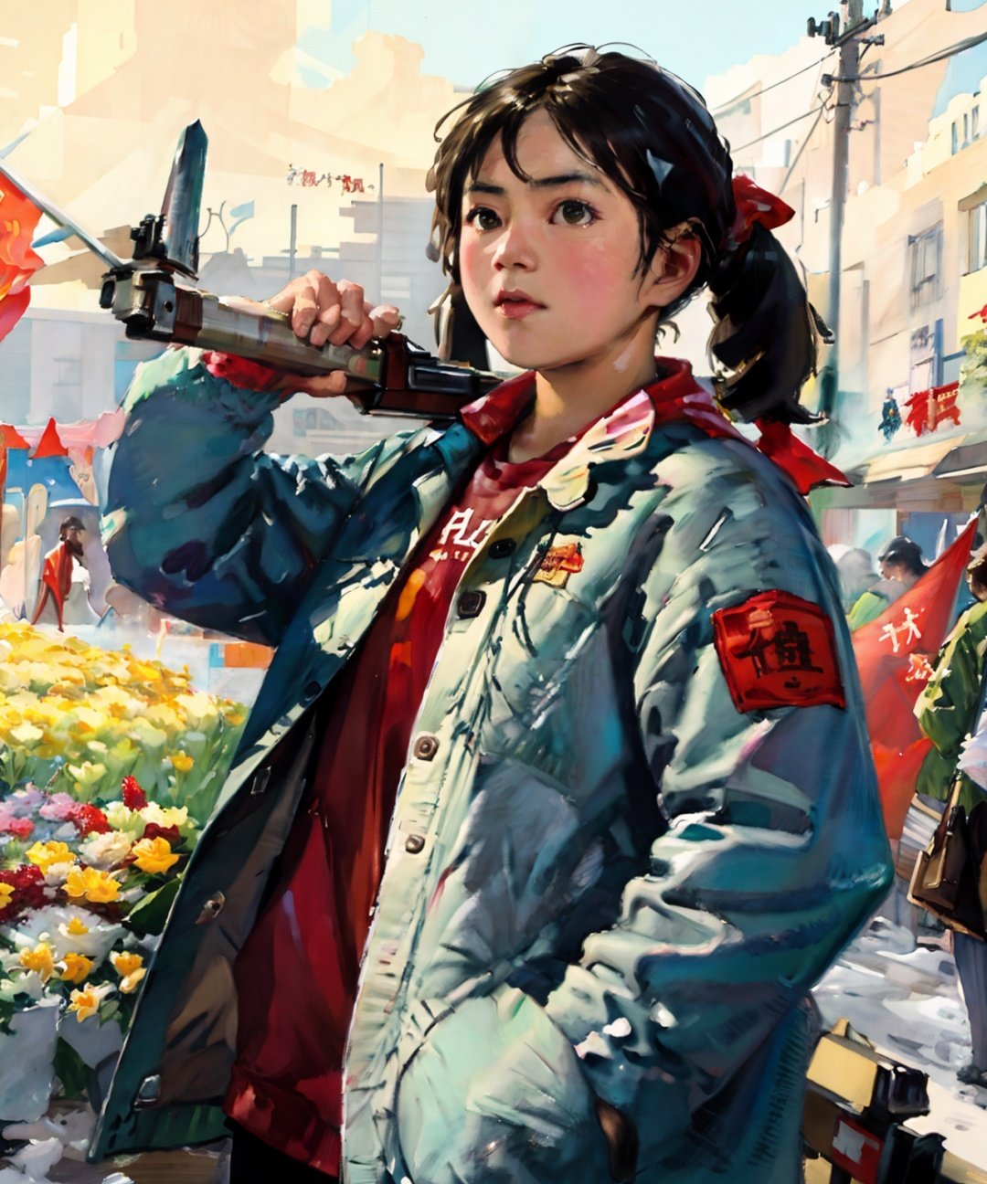 (masterpiece), best quality, 1girl, harmer, food, jacket, holding weapon, red flag, flowers, painting,   <lora:CN60S-V2:0.9> 