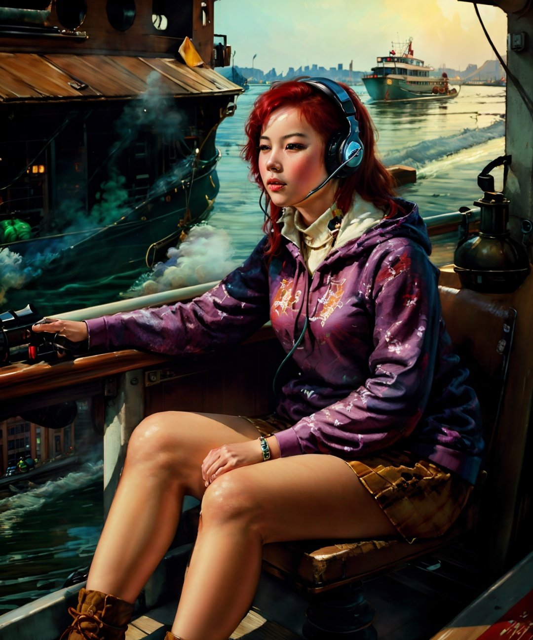 best quality, masterpiece, highres, 1girl,  red hair, glowing headphones,  river, sitting on steam boat, building, <lora:CN60S-V2:0.85>