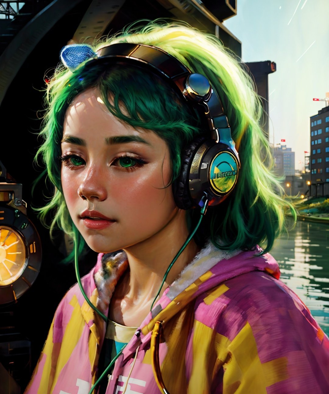 best quality, masterpiece, highres, 1girl,  green hair, glowing headphones,  river, building,  <lora:CN60S-V2:0.8>