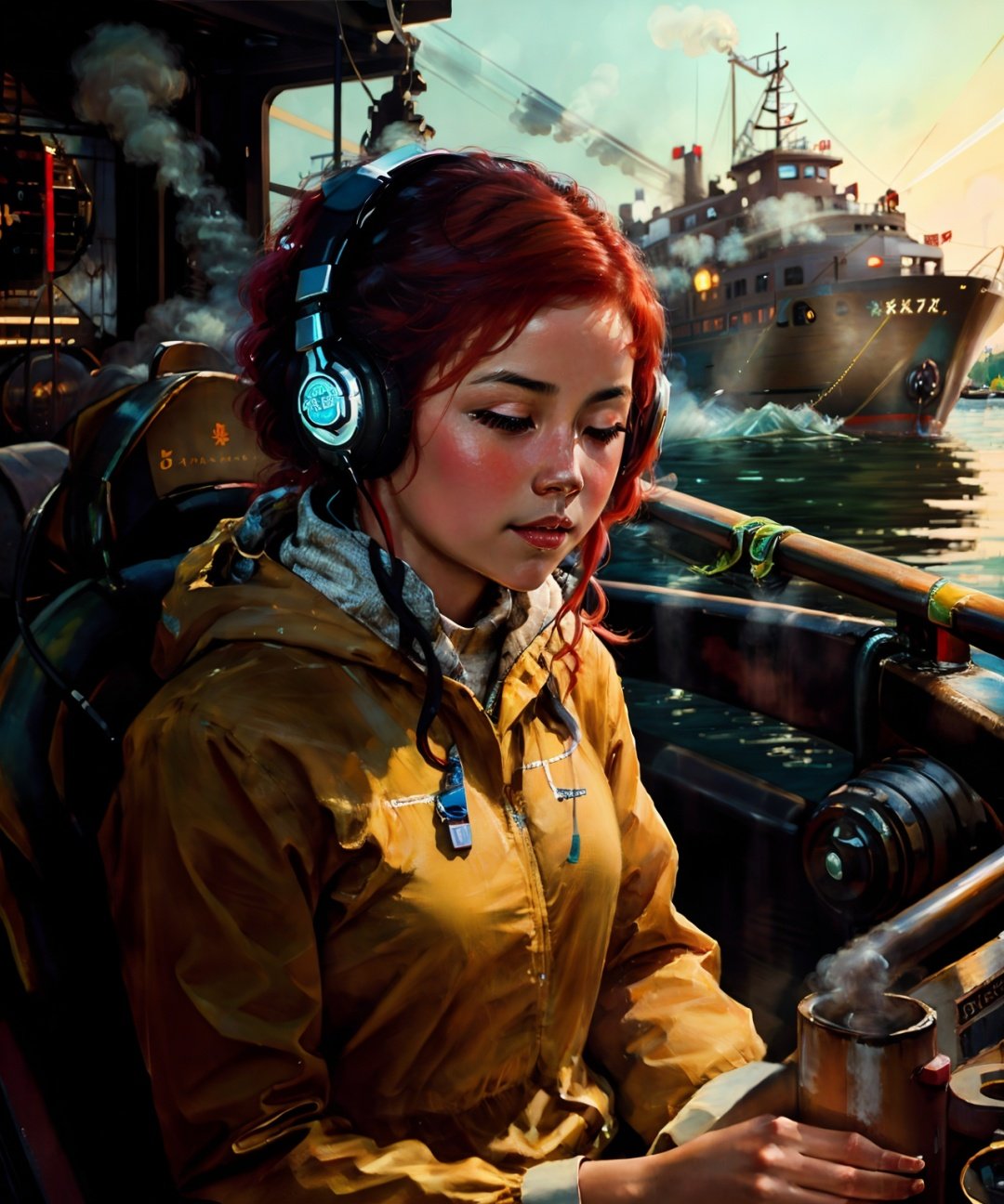 best quality, masterpiece, highres, 1girl,  red hair, glowing headphones,  river, sitting on steam boat, building, <lora:CN60S-V2:0.85>