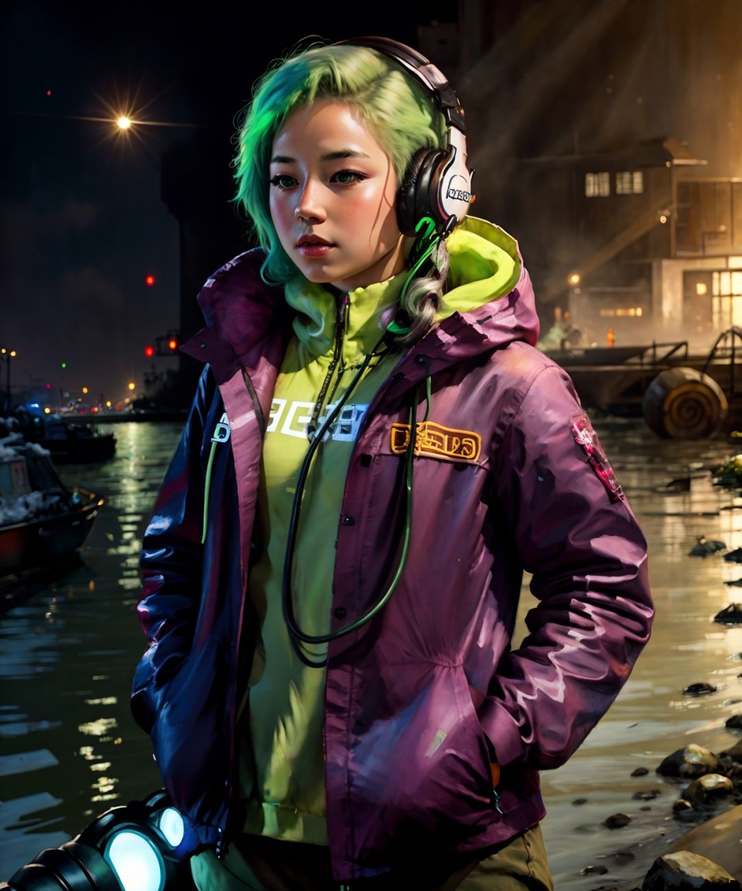 best quality, masterpiece, highres, 1girl,  green hair, glowing headphones,  river, building,  <lora:CN60S-V2:0.8>