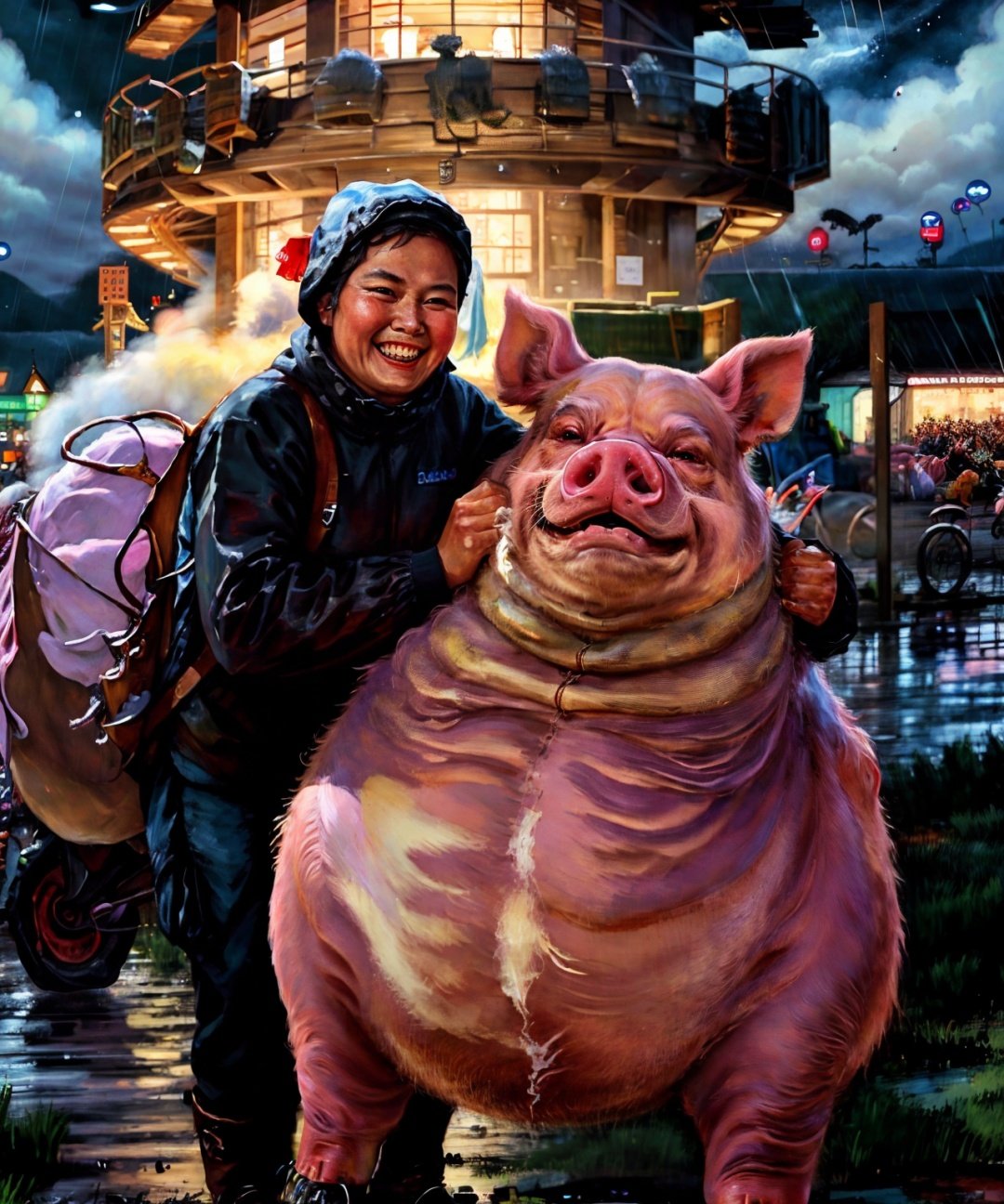 best quality, masterpiece, highres, giant pig, evil smile, night,rainy,  village, building, <lora:CN60S-V2:0.85>