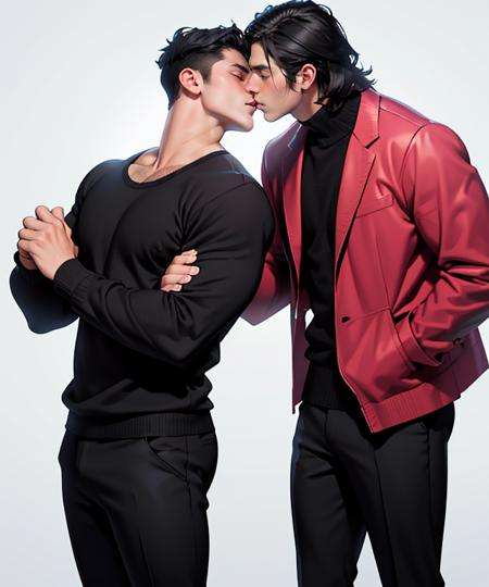 two handsome manly men kissing, white  hair, best quality, color scheme black , plain background, kiss, 2boys, <lora:betterKisses_v10IntialRelease:0.5>