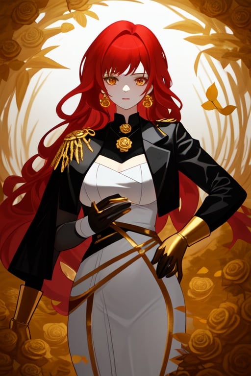 long red haired girl, white clothes shaped like bandages , black jacket, golden accesories, golden roses, golden pendants, black gloves, golden laurel leaves on the clothes