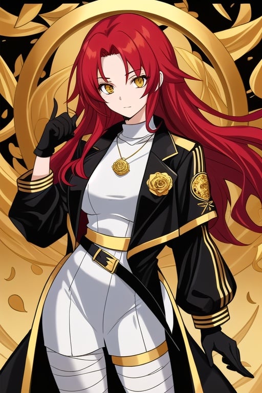 himeko, long red haired girl, white clothes shaped like bandages , black jacket, golden accesories, golden roses, golden pendants, black gloves, golden laurel leaves on the clothes