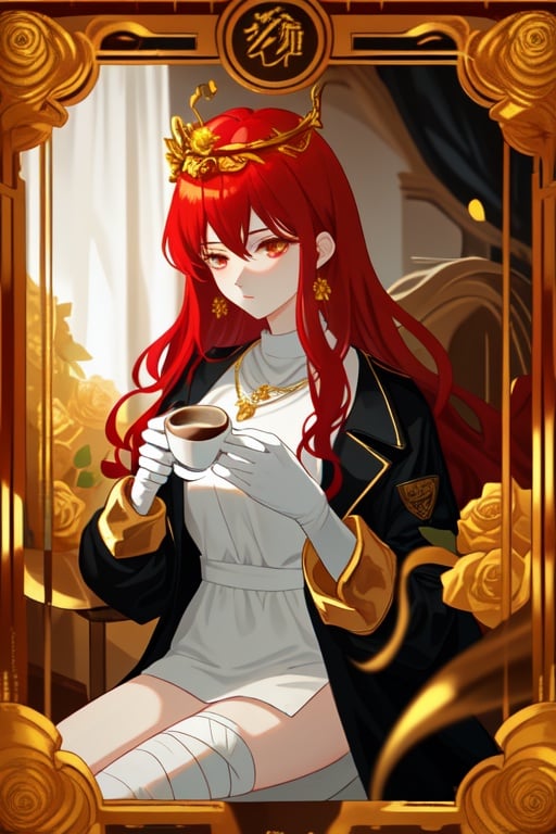 long red haired girl, white clothes shaped like bandages , black jacket, golden accesories, golden roses, golden pendants, drinking coffee, black gloves, golden laurel crowns on the clothes