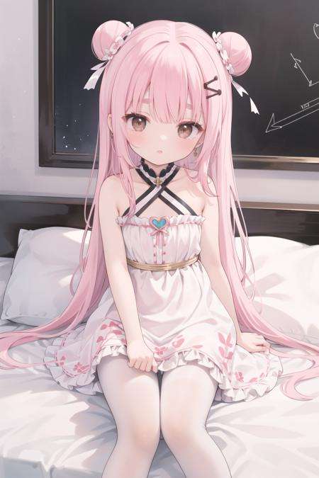 draw a diagram1girl, pink hair, dress, rating:safe, long hair, solo, blush, sleeveless, white dress, very long hair, bangs, brown eyes, hair rings, hair ornament, white legwear, bare shoulders, eyebrows visible through hair, sleeveless dress, sitting, hair bun, pantyhose, looking at viewer