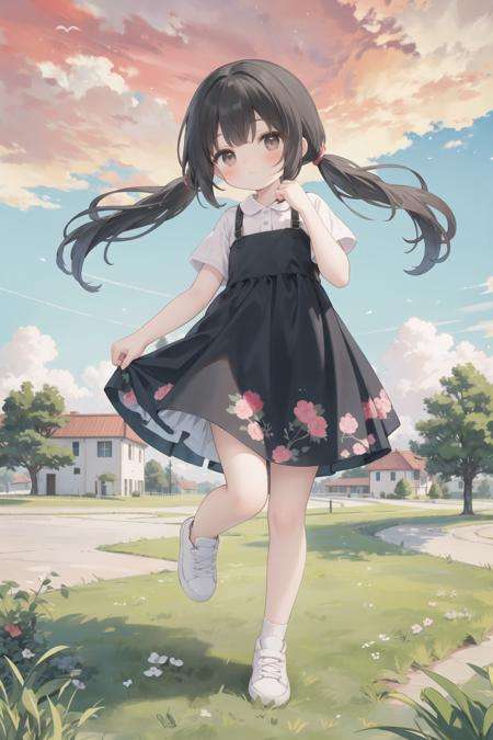 (best quality,masterpiece:1.3),((cute 1 girl:1.2)),(child,8 years old:1.4), low twintails, hair, solo, outdoors, cloud, black hair, dress, white footwear,red sky, shoes, short sleeves, sneakers, looking at viewer, brown eyes, white dress, full body, (dynamic pose:1.3), day, cloudy sky, floral print, bangs, blue sky, grass, blush, tree, closed mouth, city,from below, running