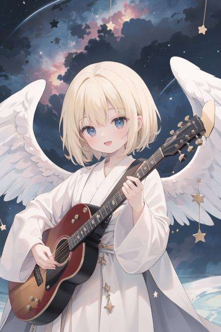 (best quality, masterpiece:1.2),1angel,solo,in the sky,playing a guitar,white wings,blond hair,smiling,looking down at viewer,open mouth,heavenly light,stars in background,white robe,long sleeves,flowing,peaceful expression