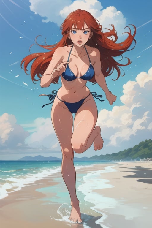 masterpiece, full body, 1girl, 4k ,bikini, fabrics move with the wind, various characters, redhead, wet body, reflections, looking at the viewer, on a beautiful sunny beach, seashore, running, water particles in the air, beautiful hands, barefoot,  ,anime 1990s (style), 