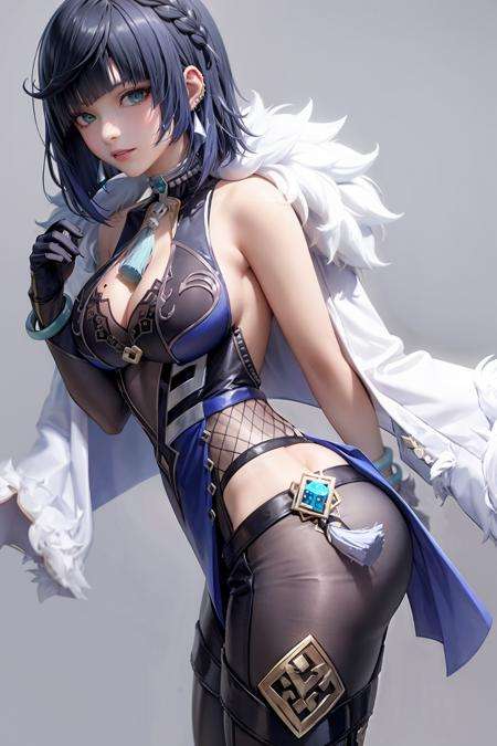 masterpiece, best quality,   <lora:yelan:1>,1girl,vision \(genshin impact\),yelan \(genshin impact\), blue hair,short hair,  green eyes,earrings,dice,jewelry,neck ring,mismatched gloves, , cleavage cutout,fur-trimmed jacket,  jacket on shoulders, bare shoulders, dice, dress,  tassel, mole on breast, tight pants,pelvic curtain, single elbow glove,sleeveless, bracelet, pants,grey background, 