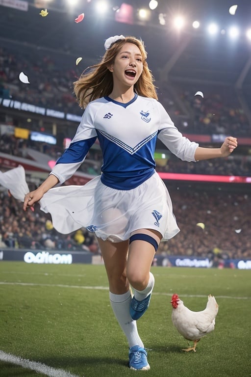 A ((chicken)) wearing a vazulada soccer jersey standing confidently with a ball at its feet, surrounded by an enthusiastic crowd in a brightly lit stadium. The chicken's jersey showcases a Vélez Sarsfield team emblem, and the stadium ambiance is enhanced by vibrant colors, with confetti filling the air. The chicken's dynamic pose and excited expression capture the energy of the moment, while its fluttering feathers add a touch of movement to the scene.