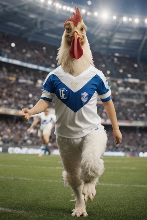 A ((chicken)) wearing a vazulada soccer jersey standing confidently with a ball at its feet, surrounded by an enthusiastic crowd in a brightly lit stadium. The chicken's jersey showcases a Vélez Sarsfield team emblem, and the stadium ambiance is enhanced by vibrant colors, with confetti filling the air. The chicken's dynamic pose and excited expression capture the energy of the moment, while its fluttering feathers add a touch of movement to the scene.