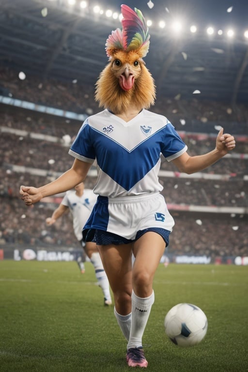 A ((chicken)) wearing a vazulada soccer jersey standing confidently with a ball at its feet, surrounded by an enthusiastic crowd in a brightly lit stadium. The chicken's jersey showcases a Vélez Sarsfield team emblem, and the stadium ambiance is enhanced by vibrant colors, with confetti filling the air. The chicken's dynamic pose and excited expression capture the energy of the moment, while its fluttering feathers add a touch of movement to the scene.