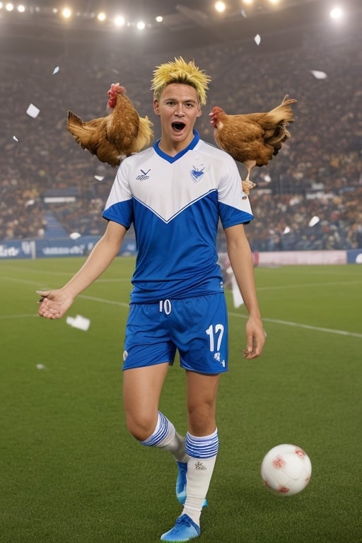 A ((chicken)) wearing a vazulada soccer jersey standing confidently with a ball at its feet, surrounded by an enthusiastic crowd in a brightly lit stadium. The chicken's jersey showcases a Vélez Sarsfield team emblem, and the stadium ambiance is enhanced by vibrant colors, with confetti filling the air. The chicken's dynamic pose and excited expression capture the energy of the moment, while its fluttering feathers add a touch of movement to the scene.