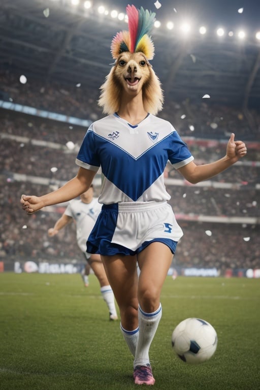 A chicken wearing a vazulada soccer jersey standing confidently with a ball at its feet, surrounded by an enthusiastic crowd in a brightly lit stadium. The chicken's jersey showcases a Vélez Sarsfield team emblem, and the stadium ambiance is enhanced by vibrant colors, with confetti filling the air. The chicken's dynamic pose and excited expression capture the energy of the moment, while its fluttering feathers add a touch of movement to the scene.