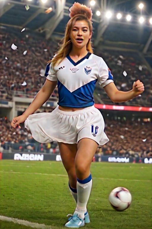 A ((chicken)) wearing a vazulada soccer jersey standing confidently with a ball at its feet, surrounded by an enthusiastic crowd in a brightly lit stadium. The chicken's jersey showcases a Vélez Sarsfield team emblem, and the stadium ambiance is enhanced by vibrant colors, with confetti filling the air. The chicken's dynamic pose and excited expression capture the energy of the moment, while its fluttering feathers add a touch of movement to the scene.