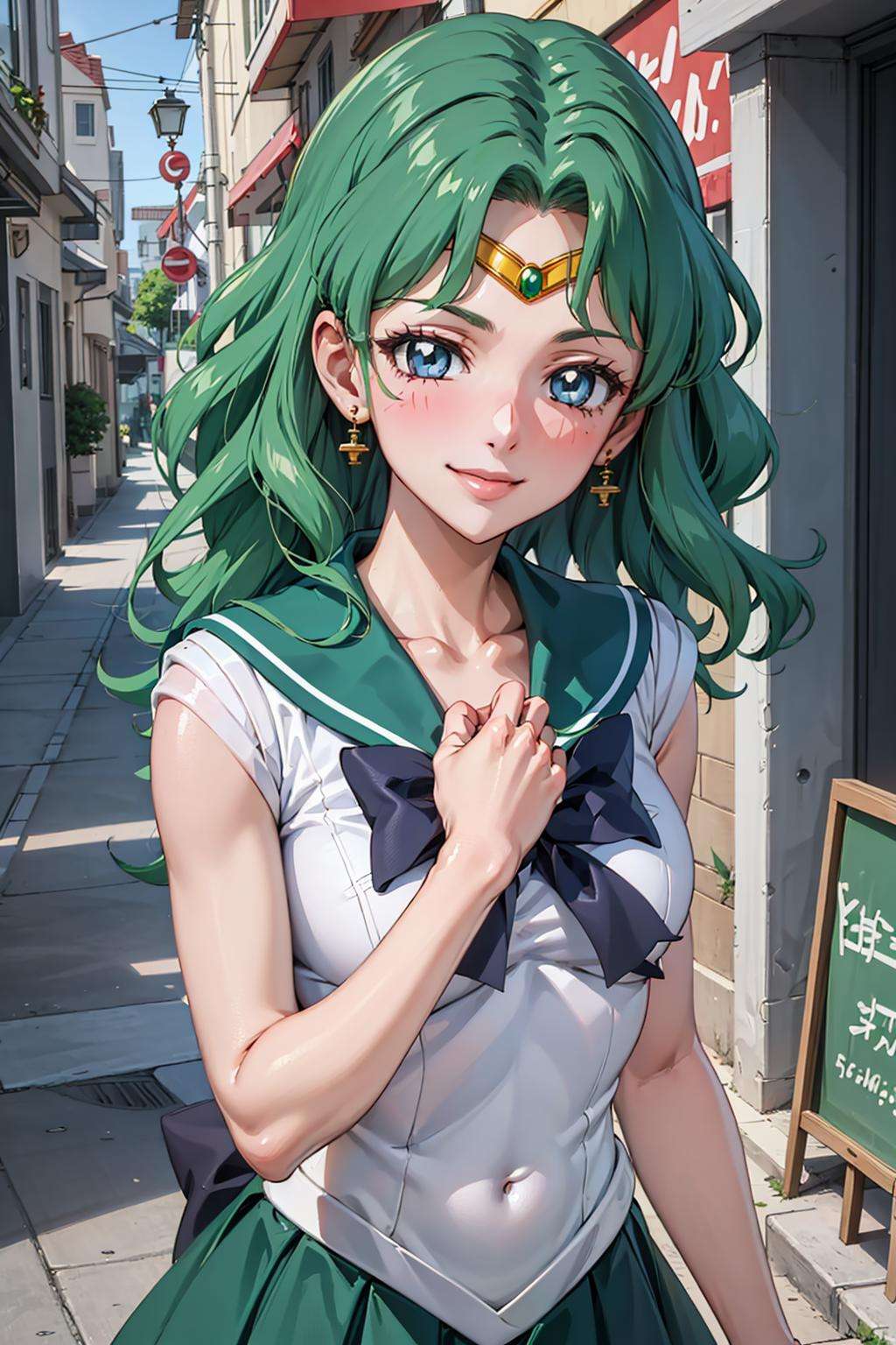 (best quality:1.1), (masterpiece:1.4), (absurdres:1.0), portrait, close-up,1girl, sailor neptune, (mature woman:1.3), small breasts, aqua eyes, dark green hair, medium hair, sailor senshi uniform, plead skirt, looking at viewer, alley, (blush:1.2), smile, aged up, hand on chest,<lora:Kizuki - Sailor Moon - Sailor Neptune:0.95>