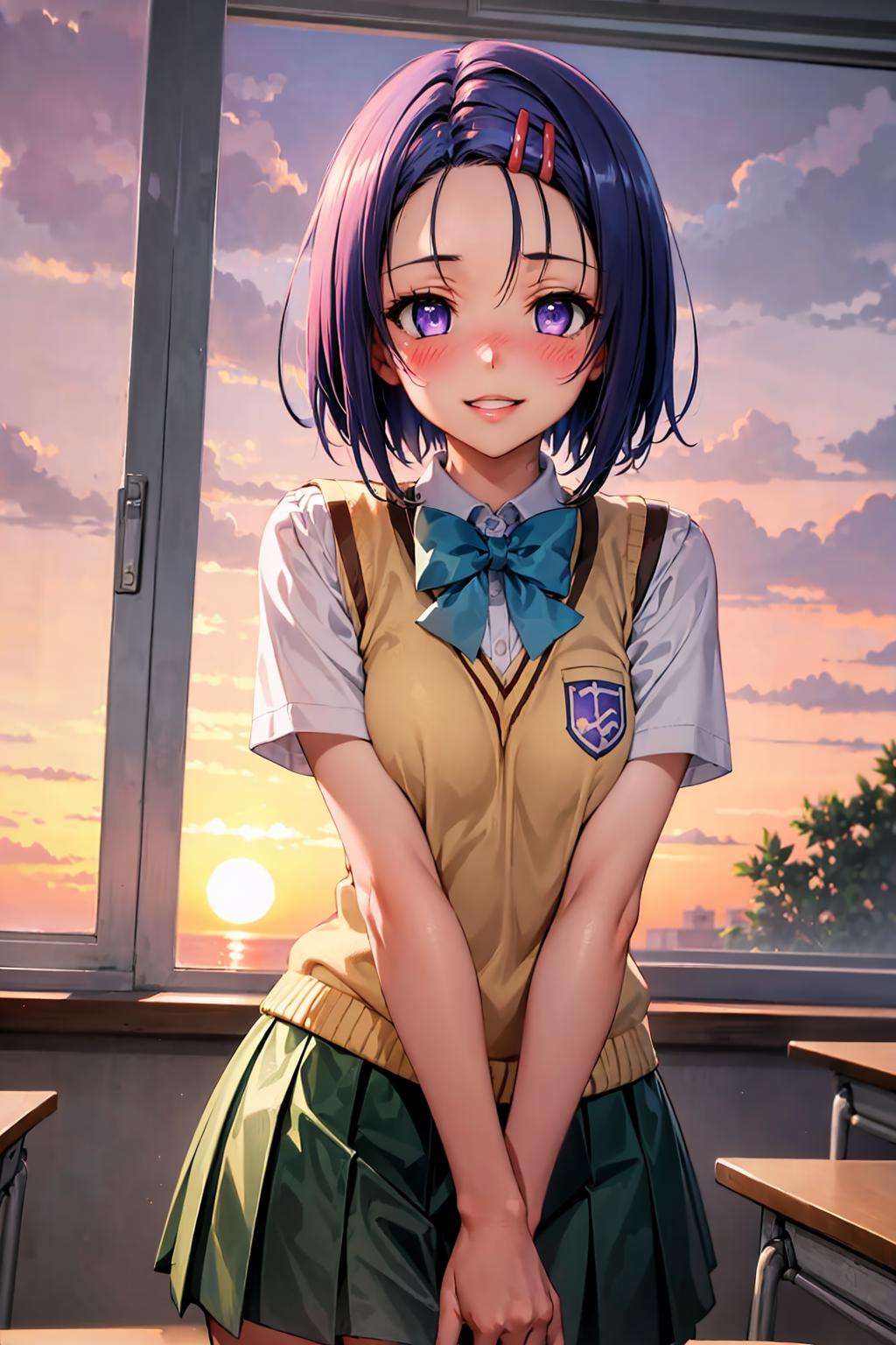 (best quality:1.1), (masterpiece:1.4), (absurdres:1.0),1girl, sairenji haruna, hairclip, blue hair, short hair, forehead, purple eyes, small breasts,  school uniform, plead skirt, looking at viewer, classroom, (blush:1.2), smirk, window, (dawn:1.2), (dusk:1.2), (sunset:1.2), (parted lips:1.1), smile,<lora:Kizuki - To Love Ru - Sairenji Haruna:0.8>