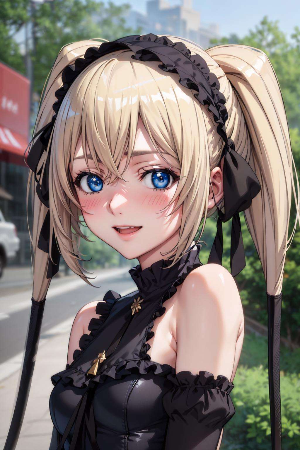 (best quality:1.1), (masterpiece:1.4), (absurdres:1.0),  portrait, close-up,1girl, ekaterina kurae, twintails, low-tied_long_hair, hair ends, very long hair, blonde hair, flat chest, blue eyes, black dress, maid headdress, neck ribbon, looking at viewer, outdoors, (blush:1.2), city, smile,<lora:Kizuki - Seikon no Qwaser - Ekatarina Kurae:0.95>