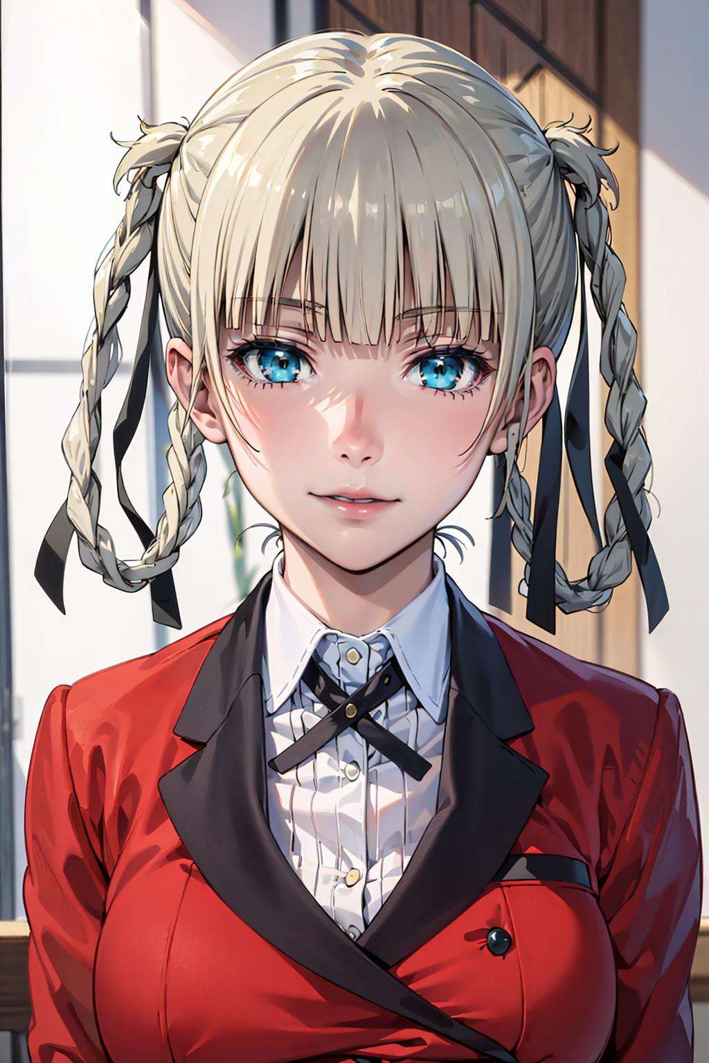 (best quality:1.1), (masterpiece:1.4), (absurdres:1.0), portrait,1girl, momobami kirari, (hair_rings:1.2), braid, blunt bangs, blue eyes, school uniform, red jacket, looking at viewer,  <lora:Kizuki - Kakegurui - Momobami Kirari:0.90>